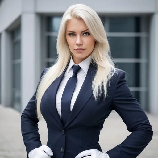 Prompt: Gorgeous ultra-muscular 25-year-old Finnish woman with huge busom wearing a Black navy suit, Button up, Dark navy color tie, platinum blonde hair, Wide shoulders, White gloves, full-length 