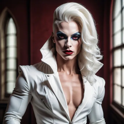 Prompt: (gothic art), imagine Geirge Michael dressed as a gorgeous ultra-muscular 25-year-old Swedish drag queen bodybuilder with (striking dark red makeup and lipstick), wearing a (white jacket) draped over her head, (mysterious gaze) directed at the camera, (dramatic pastel colors), (moody ambiance), rich textures, (ultra-detailed wooden floor) in the background, evoking an eerie yet captivating vibe, (high quality) image, beautifully composed and expressive.