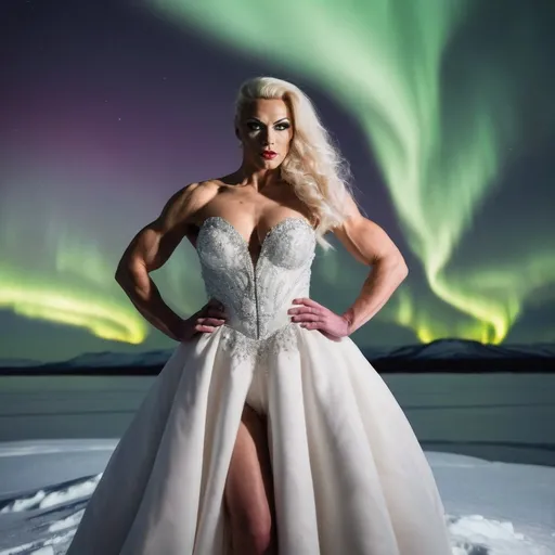 Prompt: (A 3/4 body image)A 25-year-old muscular, beautiful Nordic drag queen bodybuilder wearing A beautiful winter bridal gown designed for cold weather. Taking a bridal photoshoot in the snowy Arctic with the Northern Lights in the background.