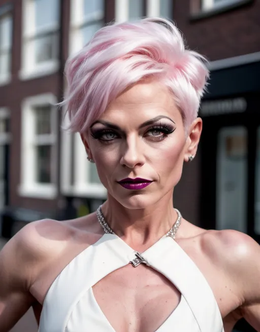 Prompt: Location: Amsterdam 
Hair color: platinum pink
Hair length:  short pixie
A high definition hyper-detail live action digital photograph of a gorgeous masculine 45-year-old, athletic, genderfluid Dutch drag queen bodybuilder. Masculine jawline, chin and brow. Feminine muscular body and legs. Dark eye makeup and dark lipstick. Wearing a cute stylish white cocktail dress, black nylon stockings, and 8 inch stiletto high heel shoes.