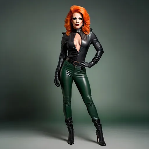 Prompt: Full-length realistic illustration of a confident, gorgeous, muscular 35-year-old French drag queen with stylish orange hair, wearing tight black leather leggings without pockets  Victorian-style green silk blouse, stiletto boots, leather gloves, leather jacket, detailed fabric texture, strong stance, dark eyeshadow,  dark lipstick, realistic, detailed, full body, confident expression, urban fashion, high quality, detailed, realistic, contemporary art, professional, atmospheric lighting, old dark castle.