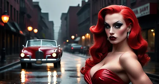 Prompt: ((In the style of film noir)) Jessica Rabbit live action played by a gorgeous ultra-muscular 25-year-old Czechian drag queen bodybuilder, dressed in a form-fitting red gown, dark eyeshadow and dark red lipstick, illuminated by a dim streetlamp in a gritty, rain-soaked city. She leans against a vintage, black convertible, a cigarette holder delicately held between her fingers, the smoke enveloping her like a mysterious haze. In the background, shadows cast by towering skyscrapers create an ambiance of intrigue and danger.