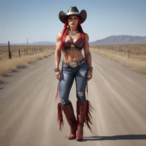 Prompt: Create a realistic depiction of a a high-quality hi-res 8k hd detailed digital photograph of a gorgeous muscular 35-year-old Native American Drag queen bodybuilder with a big busom and long dark red bubble braided hair, wearing tight ripped jeans, leather vest, cowboy hat, and 8 inch stiletto thigh-high high heel boots walking a dirt road at sunset, smirking.