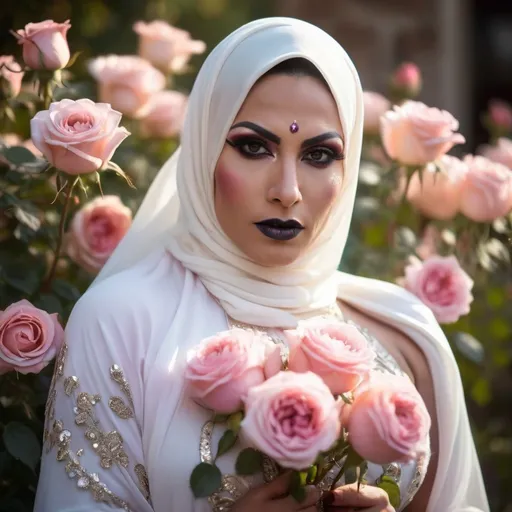 Prompt: (Gorgeous muscular 35-year-old Afghani drag queen bodybuiler with large busom, dark eye makeup, and dark lipstick) standing amidst blooming pink roses, her face subtly veiled in soft, golden light creating an ethereal effect, wearing a pristine white hijab that contrasts gently with the vibrant petals. The atmosphere exudes serenity and grace, surrounded by delicate pink hues, capturing an enchanting and mystical ambiance. The quality is ultra-detailed, ensuring depth and clarity in this spiritually uplifting scene.