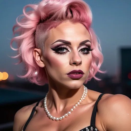 Prompt: Gorgeous ultra-muscular 25-year-old Czechian drag queen bodybuilder (masculine jawline and brow features) with short spiked pink hair wearing a pearl colored flowy gown, dark eye shadow, heavy mascara, and dark red lipstick, staring at the stars in the sky and feeling content.