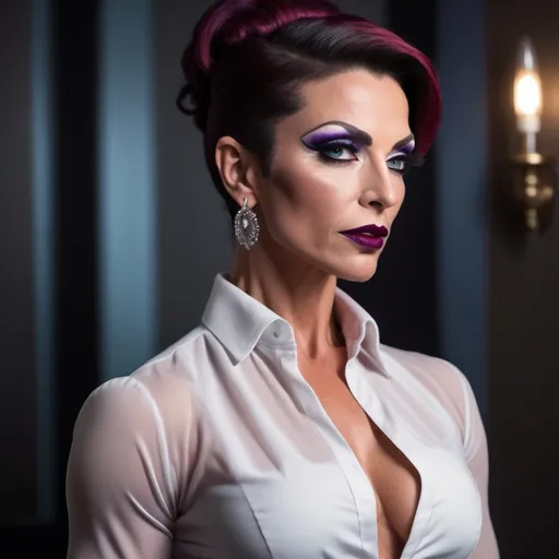 Prompt: Gorgeous ultra-muscular 40-year-old Italian drag queen bodybuilder, profile pose, long salt & pepper updo, blue eyes, symmetrical face, dark eye shadow, dark red lipstick, elegant lounge, white blouse, dark purple skirt, black 8 inch stiletto high heel shoes, professional lighting, high-res photo, elegant, professional, detailed, sophisticated, symmetrical face, profile pose, luxurious, feminine, high quality, elegant lounge, white blouse, dark purple skirt, black 8 inch stiletto high heel shoes, professional lighting