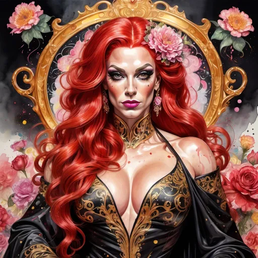 Prompt: Gorgeous ultra-muscular 25-year-old white skinned British drag queen bodybuilder with long flowing bright red hair, wearing a detailed ornate black cloth robe, dramatic lighting, digital watercolor painting, paint splatter, bold brush strokes, art nouveau, majestic queen sitting on her gold throne in an elegant (colorfull flower dress), ornate very big throne with pink diamonds and flowers adorned with delicate mycstical (colorfull) and glimmering (diamonds), mythical  looming behind, captivating atmosphere, dramatic lighting, ethereal ambiance, richly detailed backgrounds, (HD, ultra-detailed) fairy-tale setting, tension filled with reverence and power.