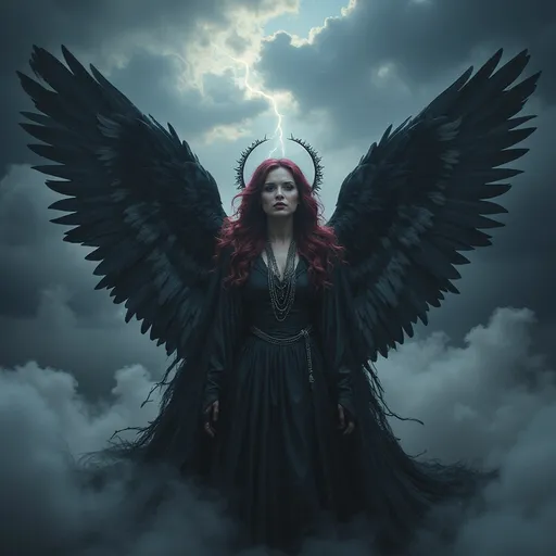 Prompt: Lucifuge Rofocale (Light-Bringer) gorgeous drag queen fallen angel, (ethereal and haunting), dramatic wings, dark flowing robes, piercing gaze, mystical light emanating from halo, celestial background filled with turbulent clouds, moody atmosphere contrasting light and shadow, intricate details in feathers and fabric, ultra-detailed, high definition, vibrant colors merging with dark tones, a sense of power and vulnerability intertwined.