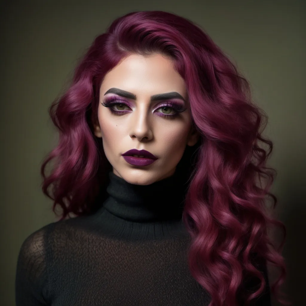 Prompt: (35-year-old Turkish genderfluid drag queen with long curly magenta hair), wearing an olive long knitted black turtleneck shirt and skinny jeans, dark ete makeup, dark lipstick,  masculine jawline and brow, (close up,low angle shot ), inside a softly lit room, (white curtains gently swaying),  captured in an extremely detailed (oil painting style), (photorealistic), sunlight streaming through the woman  , she is looking out the window and  holding the curtains with her hands ,(artistic modeling pose) ,high resolution , detailed , bright colors