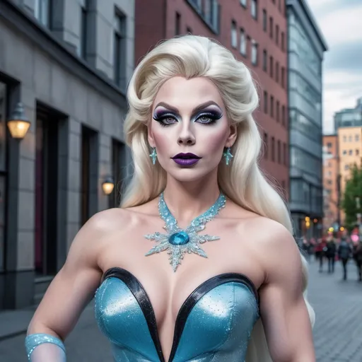 Prompt: Full body shot of a gorgeous muscular 25-year-old Finnish drag queen dressed as Elsa wearing dark eyeshadow and dark lipstick, in the city AI defined exquisitely beautiful, totally ultra realistic young adult drag queen, gorgeously detailed, well endowed, perfect body proportions, pale, ultra glamorous, perfect shading, impeccable contrast, HDR, UHD, high res, 64k