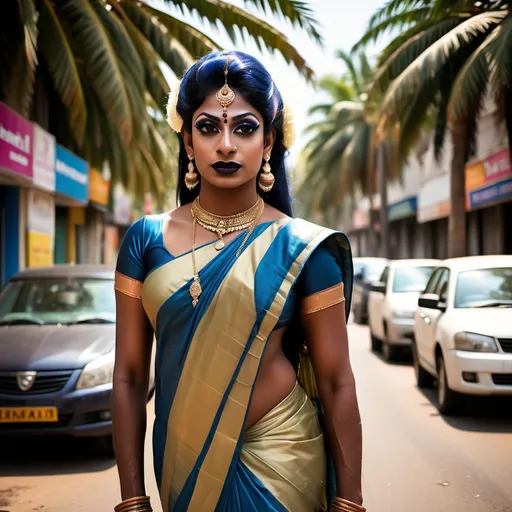 Prompt: Gorgeous (ultra-muscular) south Indian drag queen, 25 years old, striking dark eye makeup, dark lipstick, wearing a stunning (two-toned sari), athletic physique, inspired by south Indian actress Laxmi Rai's elegance, expertly posed on the vibrant streets of Chennai. Background bustling with local culture, palm trees, warm sunlight filtering through, bringing life to this captivating ambient scene. (Ultra-detailed) image quality captures every intricate detail.