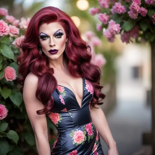 Prompt:  Glamour photography of a handsome man DRESSED UP AS a gorgeous 25-year-old DRAG QUEEN (with long wavy dark red hair, beautiful makeup and dark lipstick) in a casual floral dress and 8 inch stiletto high heel shoes with a big busom busom, bokeh