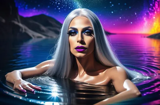 Prompt: A gorgeous ultra-muscular 25-year-old Turkish drag queen goddess with very long straight silver hair swimming in a lake of liquid Mercury in outer space. Vivid colors. Hd imaging.