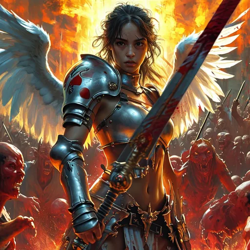 Prompt: Gorgeous angel warrior fighting her way through hell with only a large sword. Bloody demon hoard in background.