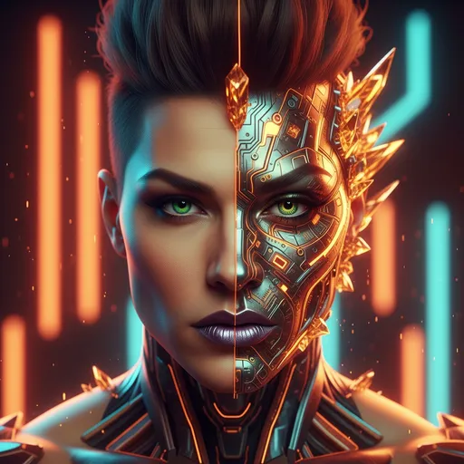 Prompt: A hyper-realistic portrait of a futuristic muscular cybernetic drag queen (with masculine strong jawline and brow) whose face is symmetrically divided into a glowing, biomechanical side and a human, expressive side. The cybernetic side is composed of intricate gold and orange circuitry with shards and glowing fragments, while the human side features soft skin with subtle highlights reflecting blue ambient light. The black background is a soft blur of a few neon orange and blue-green lights, creating a cinematic high-tech atmosphere. The composition emphasises her piercing green eyes and the detailed textures of skin and metal. The lighting is a dynamic mix of warm and cool tones, adding depth and drama to the scene. The mood is mysterious and ethereal, evoking both humanity and technological transcendence. Highly detailed, photorealistic rendering with an emphasis on depth of field and reflective surfaces.