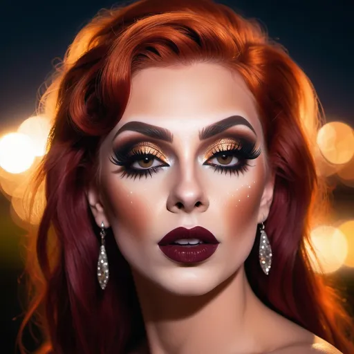 Prompt: epic masterpiece, at (night:1.8) with (hyper detailed:1.5), gorgeous, 25-year-old, Polish drag queen supermodel, looking at camera, dark orange hair, dark eyeshadow and dark red lipstick, Insanely detailed, backlit, bokeh, face turned upwards to the sky, blushing lightly with mouth open, she has an orange diaphanous flowing transparent long shawl draped about her shoulders and upper arms, midnight, a calm lake in ((pouring rain:1.4)), surrounded by high cliffs covered in shadows, breathtaking starry night sky, galaxies, nebula, tiny fireflies floating in the air, 8k photo, HDR, masterpiece, fine details, natural beauty, breathtaking, captivating, fine details, sharp, very detailed, high resolution, close up, taken with a Hasselblad H6D-100c, Hasselblad Zeiss Sonnar F 150mm f/2.8 lens, Godox SK400II Professional Compact 400Ws Studio Flash, sharp focus, fine details, 5 flash set up, Ring light for catchlight eyes, Award winning photography, pro lighting, realistic, realism