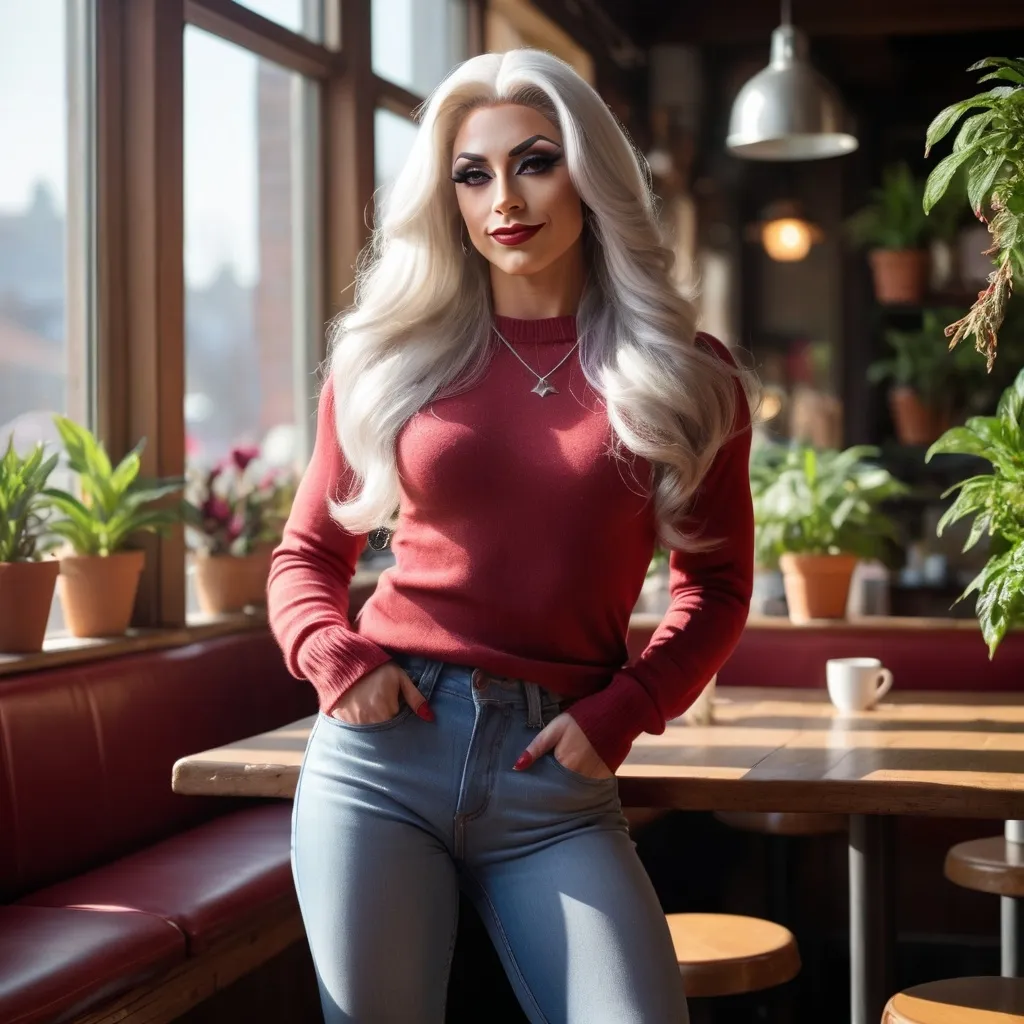 Prompt: Create a portrait of a gorgeous ultra-muscular 25-year-old Czechian drag queen, with long, flowing silver hair and warm brown eyes, Athletic physique. She stands in a sunlit café, wearing a casual, stylish outfit—a soft crimson sweater and high-waisted jeans. The background features rustic wooden tables and potted plants, while sunlight filters through the large windows, casting gentle shadows. Her expression is thoughtful, with a hint of a smile, as she gazes out the window, lost in a moment of reflection