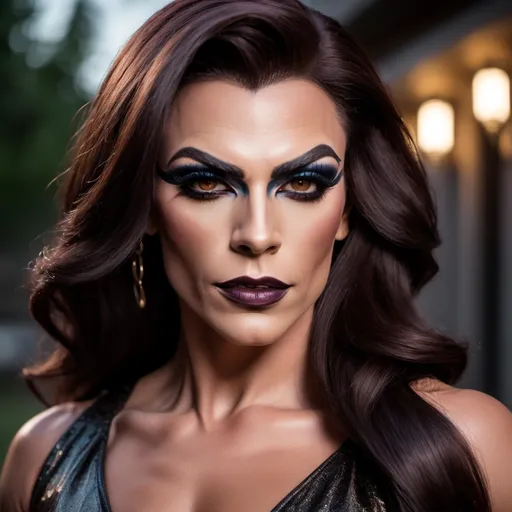 Prompt: medium shot of gorgeous muscular 35-year-old powerful drag queen (with strong masculine jawline and brow) with long dark brown hair (dark eye makeup anddarklipstick), fantasy, ambient outside lighting, unreal engine 5, warm colours, dark powerful outfit, EF 70mm Canon