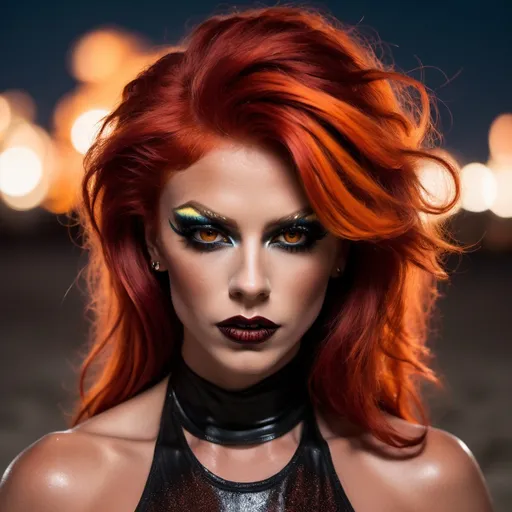 Prompt: In a dark, mysterious beach nighttime setting, a daring, gorgeous 25-year-old Swedish drag queen bodybuilder with vibrant red hair, heavy mascara, and dark red lipstick strikes a fierce pose for a photo. Her wild, messy hair contrasts in black and orange hues, creating a striking blend of edginess and glamor. The long, shaggy locks cascade around her, exuding confidence and individuality as the full moon shimmers off her.