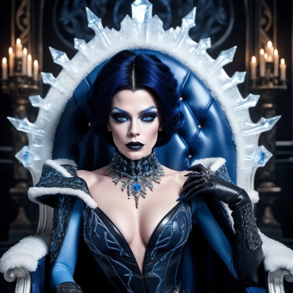 Prompt: Cinematic photo of the Drag Queen of Winter & Darkness, (high detail, 8k), sitting on an ornate ice throne, striking (dark blue eyes), beautiful rectangle face, (pale white skin), short black hair with blue highlights, (muscular figure, long muscular legs), stunning outfit: black leather dress, black fashion boots, adorned with obsidian jewels, dramatic dark makeup, wearing a crown of blue ice crystals, holding a long icicle scepter with silver lace, fierce white snow leopard at her feet, (bright light) illuminating the scene, (ultra-quality, photorealistic) style, evoking a powerful and captivating atmosphere in a frost-covered realm.