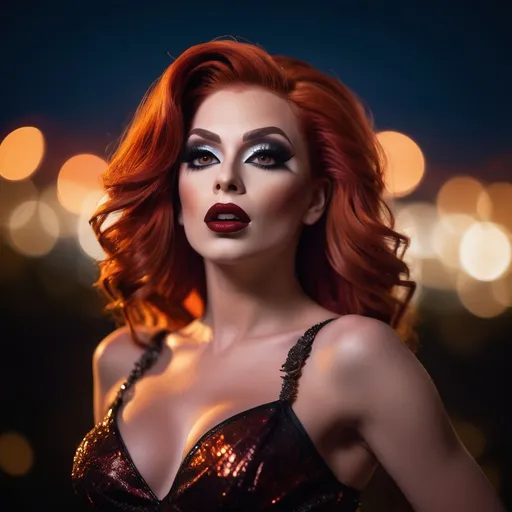 Prompt: epic masterpiece, at (night:1.8) with (hyper detailed:1.5), gorgeous, 25-year-old, Polish drag queen supermodel, looking at camera, dark orange hair, dark eyeshadow and dark red lipstick, Insanely detailed, backlit, bokeh, face turned upwards to the sky, blushing lightly with mouth open, she has an orange diaphanous flowing transparent long shawl draped about her shoulders and upper arms, midnight, a calm lake in ((pouring rain:1.4)), surrounded by high cliffs covered in shadows, breathtaking starry night sky, galaxies, nebula, tiny fireflies floating in the air, 8k photo, HDR, masterpiece, fine details, natural beauty, breathtaking, captivating, fine details, sharp, very detailed, high resolution, close up, taken with a Hasselblad H6D-100c, Hasselblad Zeiss Sonnar F 150mm f/2.8 lens, Godox SK400II Professional Compact 400Ws Studio Flash, sharp focus, fine details, 5 flash set up, Ring light for catchlight eyes, Award winning photography, pro lighting, realistic, realism