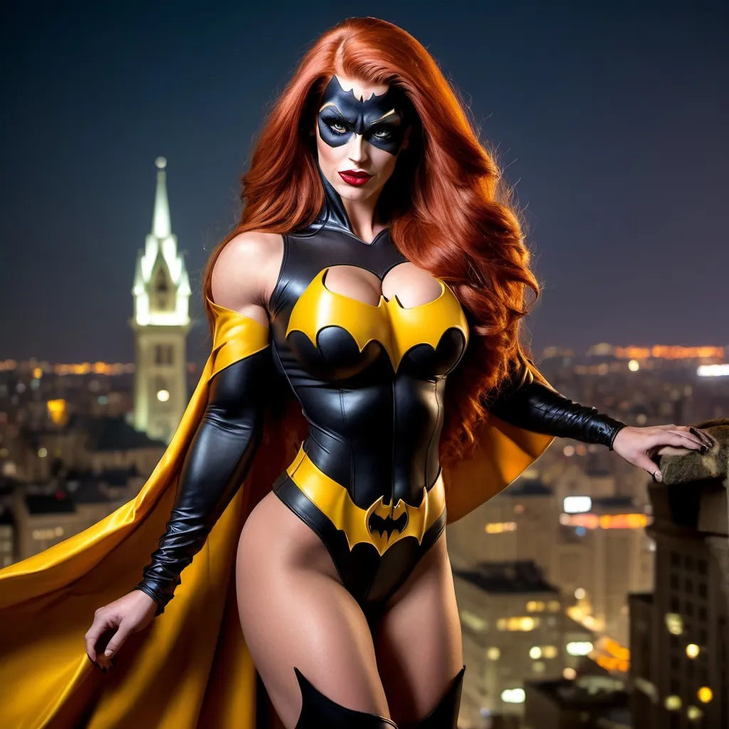 Prompt: Gorgeous muscular 25-year-old Hungarian drag queen bodybuilder with long flowing wavy red hair, huge busom, dressed as Batgirl (((DC Comics Character))), 8 inch stiletto thigh-high high heel boots, standing on a gargoyle looking down on Gotham City as night. Cape blowing in the wind. 