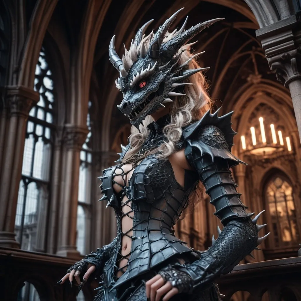 Prompt: An intricate cyber sculpture of a dragon-clad gyaru, crafted with meticulous attention to detail and set against a backdrop of gothic architecture and cinematic sets, captured in stunning high quality with the Voigtlander Heliar 15mm f/4.5 lens by Tomasz Jedruszek.