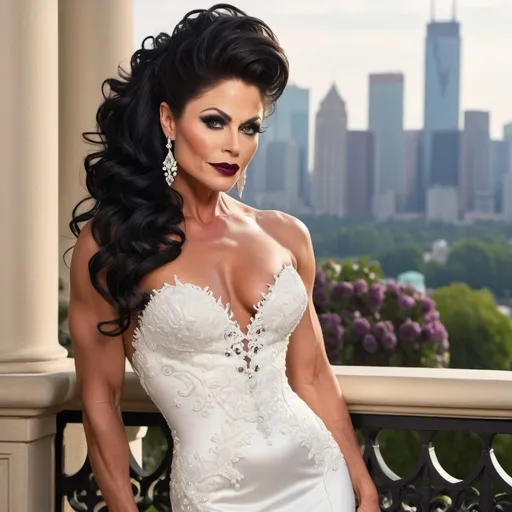 Prompt: Imagine Rob Lowe dressed as a Gorgeous ultra-muscular 25-year-old drag queen bodybuilder with ridiculously long wavy black updo hairstyle wearing an elegant white wedding dress, standing on the balcony of her luxurious mansion overlooking the city skyline. Dark smoky eyeshadow,  heavy eyeliner & mascara, and dark red lipstick. The gown features delicate lace detailing along its bodice and halter neckline, complemented by sheer sleeves that accentuate her figure's curves. Her pose is confident yet graceful as she gazes out at the horizon, embodying grace and elegance in timeless beauty in the style of a classic painting