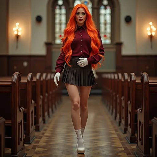 Prompt: a gorgeous ultra-muscular 25-year-old caucasian Swedish drag queen bodybuilder with very long dark orange hair, dark eyeshadow, heavy mascara, dark red lipstick, wearing a knee-length pleated skirt, long sleeve button up sweater, 8 inch stiletto high heel shoes, white tights and gloves in church