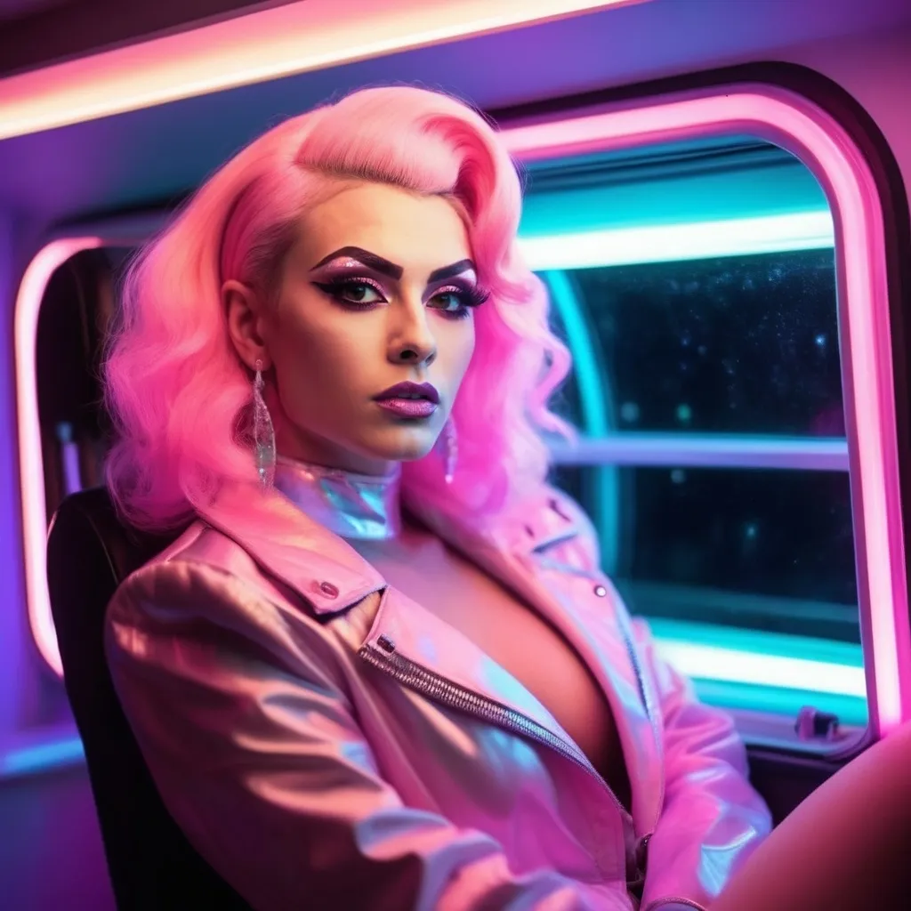 Prompt: Gorgeous nostalgic 25-year-old caucasian Polish drag queen (very strong masculine jawline and brow features) with big busom inside a spaceship, in light clothes, sitting in bed under pink neon lights, looking to the stars through the window