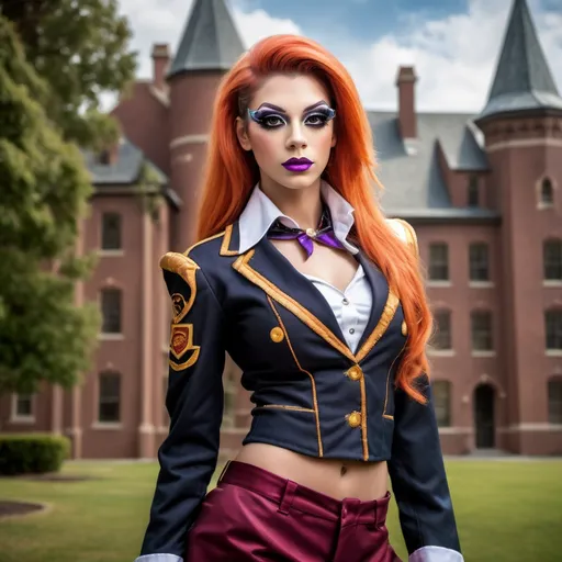 Prompt: Create a highly detailed AI defined image of a highly attractive "girl next door look" young adult drag queen (with very masculine jawline and brow facial features) college student in a fantasy uniform, large busom, wearing sunglasses, inspiring lustful uniform, classic dark makeup, at a unique fantasy school, 

wide landscape lense, ISO 500, Aperture f/22, APS-C, Splash art, dark fantasy art, stunning bokeh, cinematic lighting and scale, super detailed, 64k, high quality perfect lighting, perfect shadows.