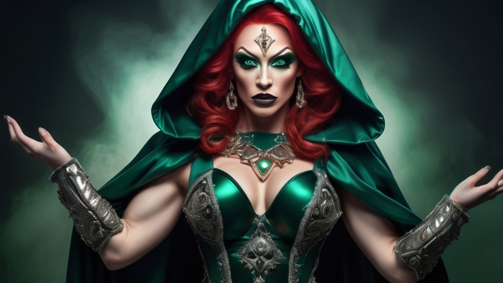 Prompt: a bright red haired, muscular, caucasian drag queen rogue, in a dark green hooded clothes with ornaments, dynamic full body pose, dark eye makeup,  dark lipstick, A surreal, dreamlike scene .This stunning image captures the essence of a powerful character, rendered in intricate detail and  the meticulous depiction of flowing hair, intricate armor, and determined expression. An old castle in backgraund