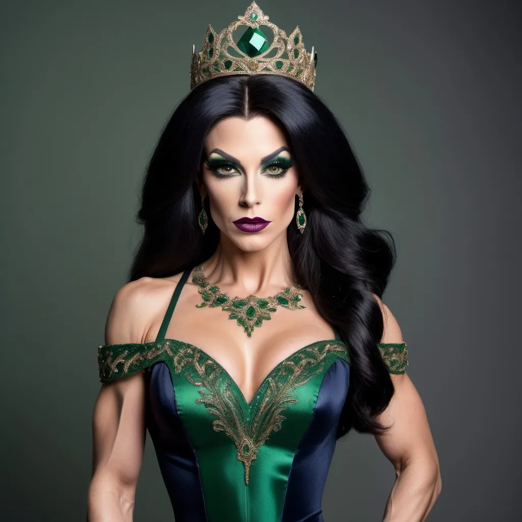 Prompt: A portrayal of a regal looking British drag queen bodybuildet in her early 30s, with long black hair, a bronze circlet on top of her head, mesmerising green eyes, high cheekbones, fair skin, narrow waist, slim complexion, wearing an elegant dark navy ball gown with intricate embroidered details and 8 onch stiletto high heel shoes, standing on a majestic staircase.