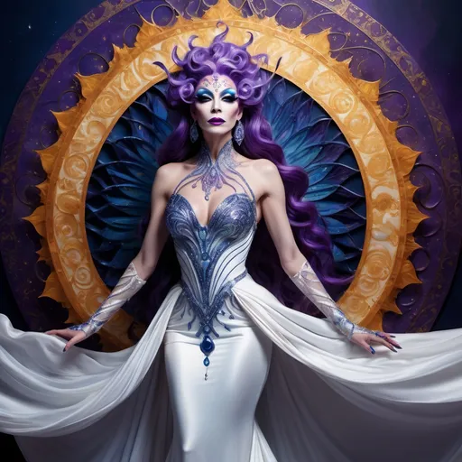 Prompt: Regal drag queen of Chaos, draped in a resplendent white gown with intricate, swirling patterns that shimmer like the sun, set against a backdrop of deep, foreboding blues and purples, evoking a sense of mystique and wonder, with radiant, ethereal light emanating from behind her, casting a halo effect, as if divinity itself had been distilled into her being, her beauty is both captivating and humbling, with delicate, luminous skin and raven tresses that cascade down her back like a waterfall of night, inspired by the dramatic lighting of Caravaggio, the vivid colors of Odilon Redon, and the intricate, symbolic details of H.R. Giger.