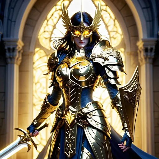 Prompt: DnD style Aasimar with golden mask, sword, and shield, glowing golden eyes, intricate gold details, high quality, fantasy, detailed armor, radiant lighting, heroic pose, divine aura, female, Full Mask