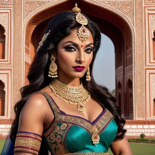 Prompt: In 1670's a gorgeous, very muscular 35-year-old Indian drag queen (with strong masculine facial features, dark lipstick, large busom) standing majestically in front of the Taj Mahal, wearing an opulent and elaborate traditional Indian royal dress adorned with intricate gold embroidery and sparkling jewels. She exudes grace and power, with a serene yet commanding expression that captures the admiration of the gathered crowd. The scene is composed with expert artistry, featuring dramatic lighting that highlights the rich textures of her attire and the architectural beauty of the Taj Mahal. The composition should feel like a professional artistic photograph, with meticulous attention to details in posture, facial expression, and the interplay of light and shadow, creating an atmosphere of regal elegance and reverence.