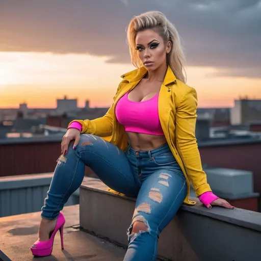 Prompt: 4k , high resolution , detailed ,glamour photography , dramatic colors, realism ,professional, lights , art photography, neglected rooftop, urban view, sunset , a gorgeous ultra-muscular 25-year-old Finnish goddess bodybuilder with huge busom sitting on the roof in modeling pose, bangs haircut, pink short , opened yellow coat and pink crop top under the yellow jacket  , blue long tight  ripped jeans , 8 inch stiletto high heel shoes, portrait , legs , low angle shot 