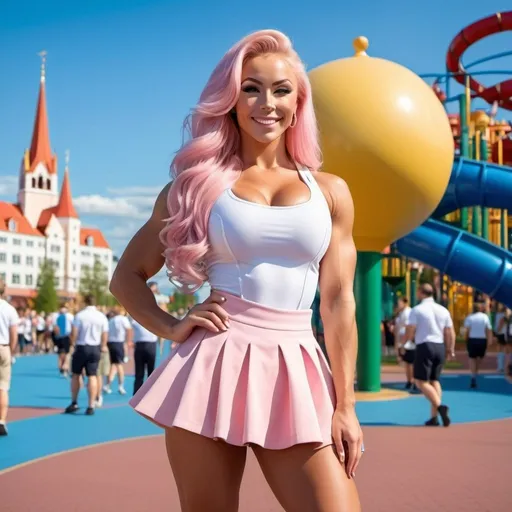 Prompt: Gorgeous  ultra-muscular  25-year-old  Finnish bodybuilder wearing a private school uniform, best quality, ultra high res, (ridiculously long wavy platinum pink hair), (huge busom), 8 inch stiletto high heel shoes,  full body view, theme park, realistic, happy. 
