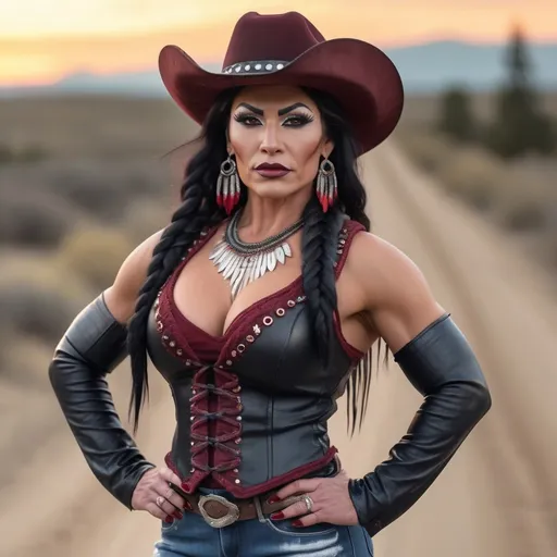 Prompt: Create a realistic depiction of a a high-quality hi-res 8k hd detailed digital photograph of a gorgeous muscular 35-year-old Native American Drag queen bodybuilder with a big busom and long dark red bubble braided hair, wearing tight ripped jeans, leather vest, cowboy hat, and 8 inch stiletto thigh-high high heel boots walking a dirt road at sunset, smirking.
