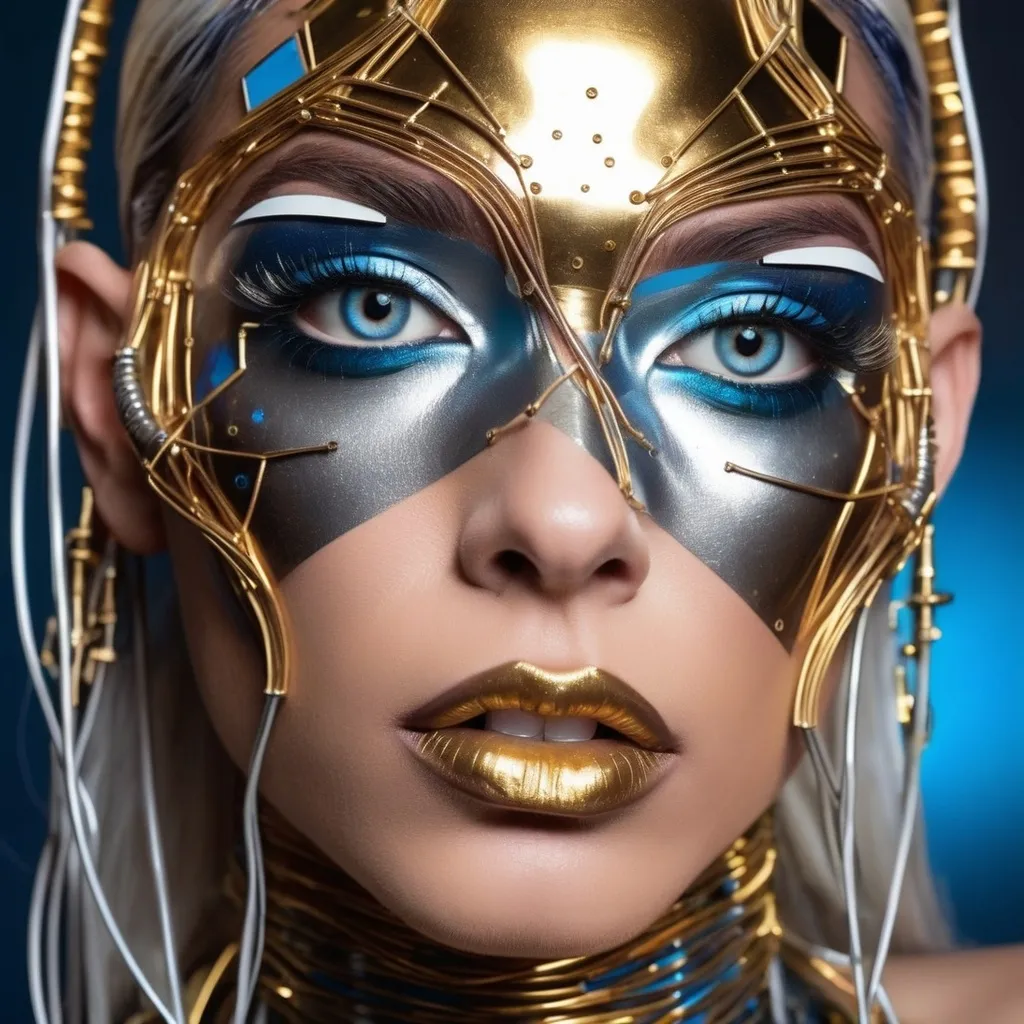 Prompt: a gorgeous masculine 25-year-old drag queen's face is futuristically transformed into a chrome-plated structure covered in wires. The left blue eye is shown in photo-realistic detail. the right eye futuristic. It is surrounded by silver and gold detailed small shapes against an abstract background that depicts dark yellow tones as dripping paint 