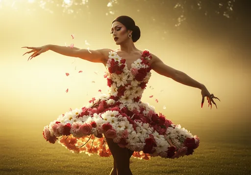 Prompt: A muscular 35-year-old Japanese drag queen (with dark eyeshadow, dark red lipstick,  long dark red manicured fingernails) wearing a dress made of flower petals gracefully dancing in golden sunlight . Mist. Soft, warm glow, delicate motion, ethereal atmosphere, dreamy natural setting. A painting in the style of 19th-century realism.