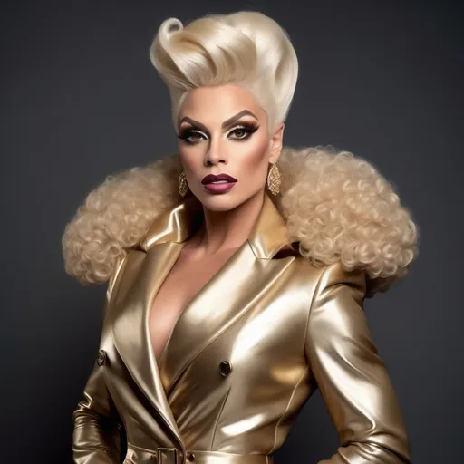 Prompt: "A gorgeous muscular British drag queen in her late twenties with striking platinum blonde hair and light brown eyes that shimmer with a golden hue. She has a sharp, regal face and an air of authority. Known as the 'Golden Dutchess,' she is tall and muscular, exuding confidence and refinement. Dressed in a tailored noble coat with intricate detailing, she stands in a grand hall, her demeanor poised yet guarded, hinting at a troubled past beneath her polished exterior."