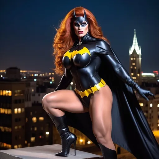 Prompt: Gorgeous muscular 35-year-old Hungarian drag queen bodybuilder with long flowing wavy red hair, huge busom, dressed as Batgirl (((DC Comics Character))), 8 inch stiletto thigh-high high heel boots, standing on a gargoyle looking down on Gotham City as night. Cape blowing in the wind. 