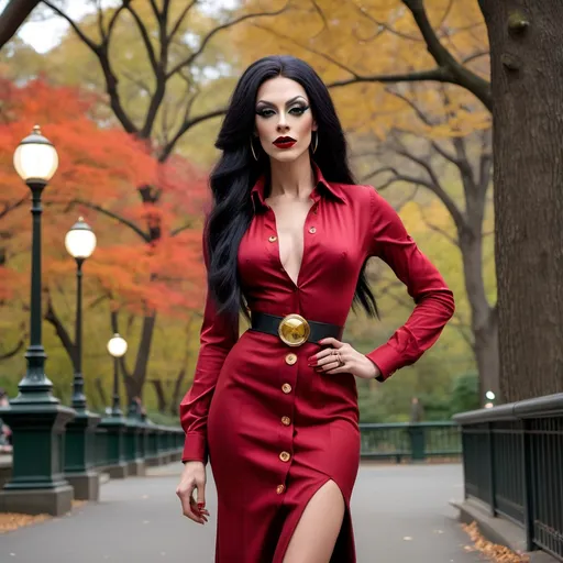 Prompt: Slim, gorgeous, 25-year-old, Swiss drag queen with a strong masculine jawline, dark eyeshadow and dark lipstick, wearing a form fitted slim long Red button down dress, gold stiletto high heels, long straight black hair. Posing in Central Park.