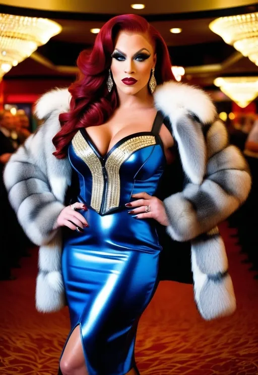 Prompt: Gorgeous ultra-muscular 21-year-old Finnish drag queen bodybuilder with huge busom and long dark red hair, intricate diamond-shape face, blue eyes, silver jewelry, gold bolero jacket with black and fur trim, black leather bustier & pencil skirt with gold trim, long shapely legs, 8 inch stiletto high heel shoes, Art Deco casino, 8k photo, stylish, elegant, detailed facial features, art deco, luxurious setting, professional lighting, high quality, detailed clothing, glamorous atmosphere, bosomy physique