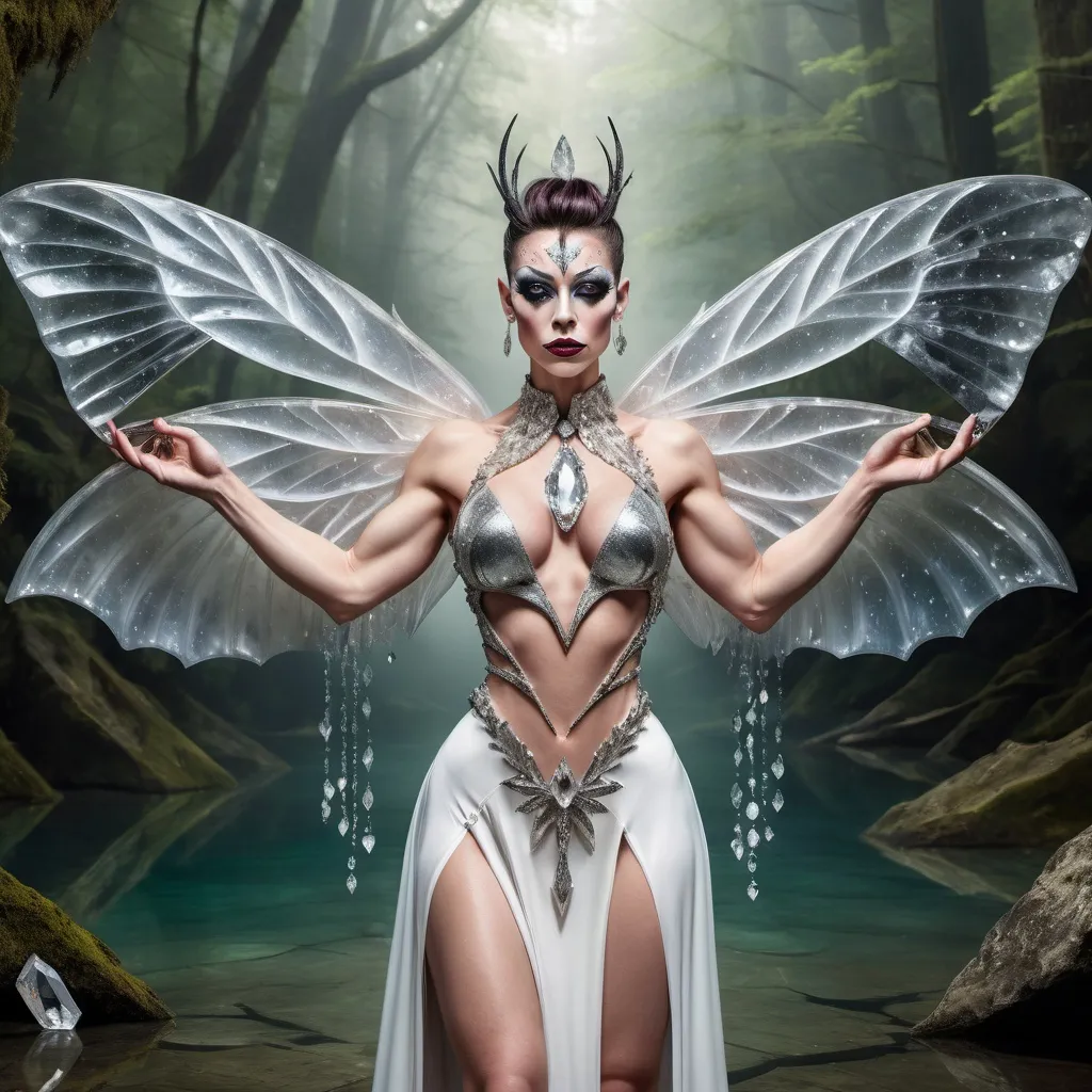 Prompt: Abstract image of a beautiful muscular 35-year-old faerie drag queen with marble skin cracking and breaking away holding an elegant gem-studded sword horizontally in one hand as she stand submerged in a forest mountain lake. Large symmetrical moth wings folded around herself.  Arms crossed in front of a gown of quartz crystals. In an armory.