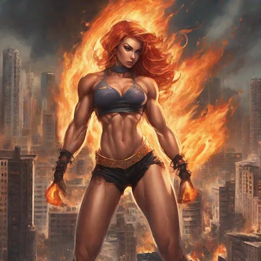 Prompt: Gorgeous ultra-muscular 25-year-old goddess fire entity destroying a city.