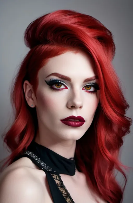 Prompt: Location: Random
Hair color: bright red
Hair length: Random
A high definition hyper-detail live action digital photograph of a gorgeous masculine 25-year-old, athletic, genderfluid French drag queen. Masculine jawline, chin and brow. Feminine muscular body and legs. Dark eye makeup and dark lipstick. Wearing a gorgeous ensemble of men's and women's clothing with 8 inch stiletto high heel shoes.