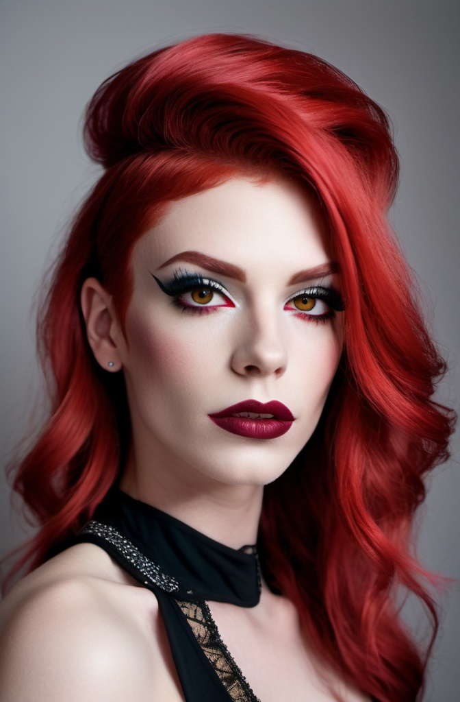 Prompt: Location: Random
Hair color: bright red
Hair length: Random
A high definition hyper-detail live action digital photograph of a gorgeous masculine 25-year-old, athletic, genderfluid French drag queen. Masculine jawline, chin and brow. Feminine muscular body and legs. Dark eye makeup and dark lipstick. Wearing a gorgeous ensemble of men's and women's clothing with 8 inch stiletto high heel shoes.