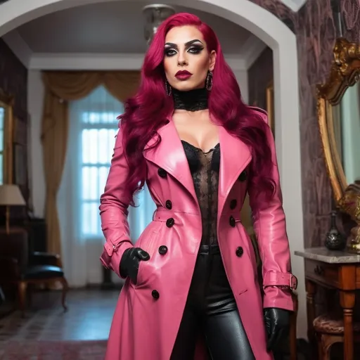 Prompt: Gorgeous muscular 25-year-old Turkish drag queen (strong masculine jawline and brow) with long sassy pink hair, wearing a tight long black leather trench coat, tight leather gloves, dark eyeshadow, 
dark red lipstick, standing in her mansion 